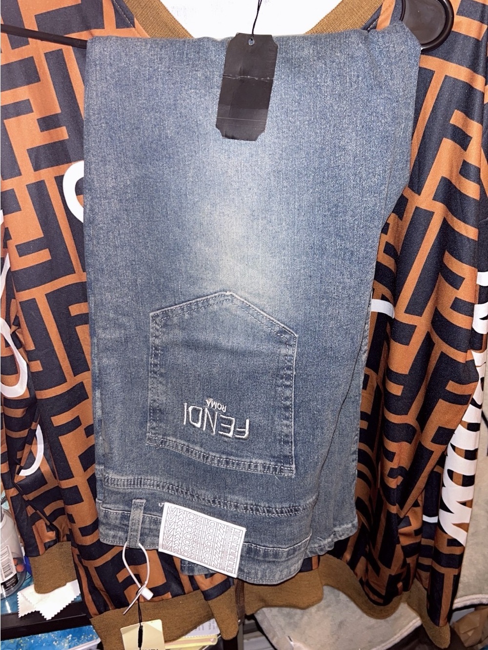Fendi  Blue Denim Jeans - Branded Back Pocket/Fendi lightweight zip up